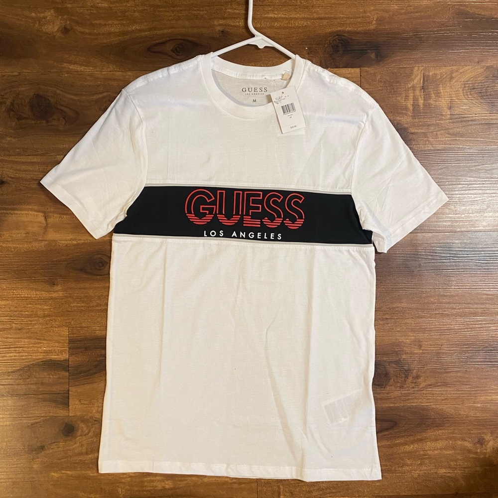 GUESS White Short Sleeve Tee with Black Chest Panel and Red Logo